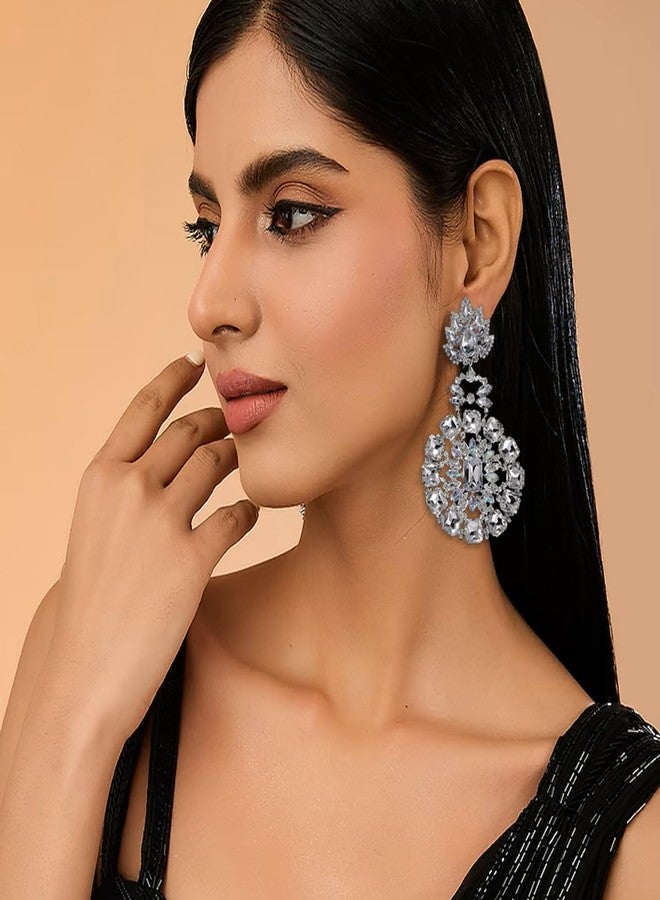 XSBODY Costume Silver Large Rhinestone Earrings Dangling Trendy Bling Oversized Statement Earrings For Women Formal (Silver7) - Image 3